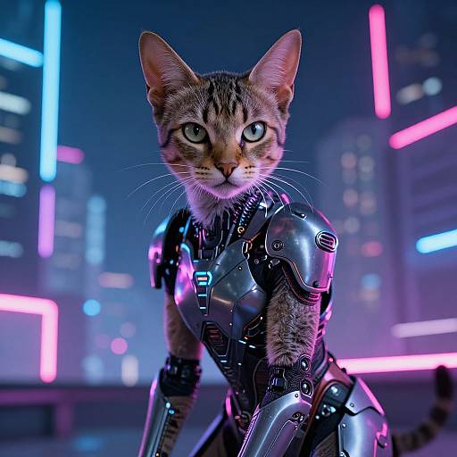 CGI image of a robotic tabby cat with glowing blue eyes, wearing shiny metallic armor, against a neon-lit futuristic cityscape.