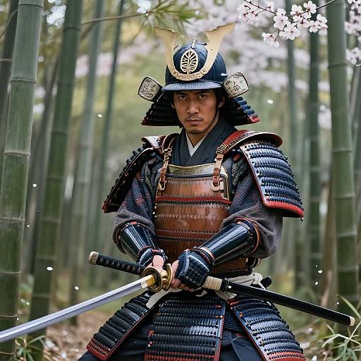 Photograph of a serious-faced Japanese samurai in detailed black and brown armor, holding a sword in a bamboo forest, with cherry blossoms in the