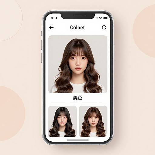 Photograph of a smartphone displaying a beauty app interface with a centered image of an Asian woman with long, wavy black hair, surrounded by smaller photos