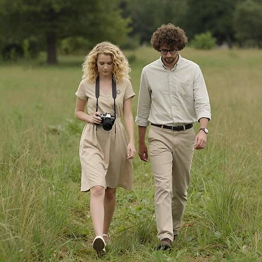 Couple Strolling Through Grassy Field
