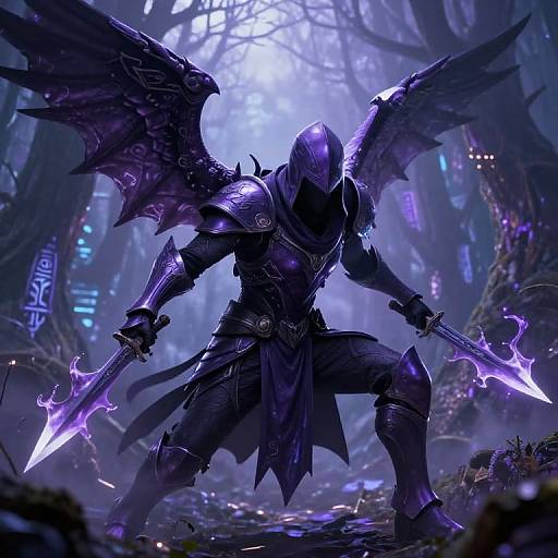 Digital artwork of a dark, armored, winged warrior in a mystical forest, wielding glowing purple swords, illuminated by ethereal blue light.