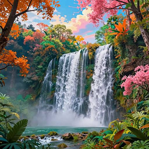 Vibrant digital painting of a cascading waterfall surrounded by colorful autumn foliage, pink cherry blossoms, lush greenery, and misty rocks.