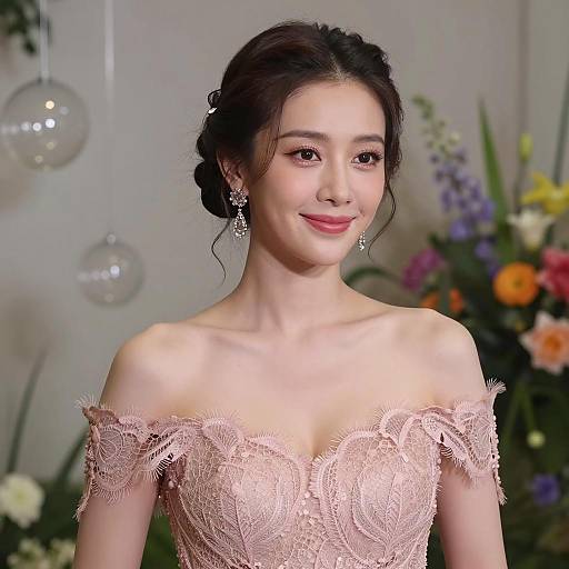 Elegant Asian Woman in Pink Lace Dress