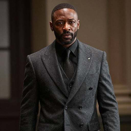 Photograph of a Black man with a short beard, wearing a dark gray, textured blazer over a black suit and tie, standing against a blurred