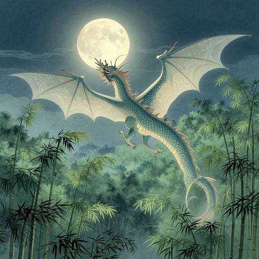 Digital artwork of a glowing blue dragon with white wings soaring under a full moon, surrounded by misty bamboo forest.