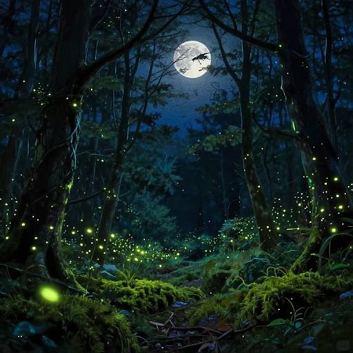 Moonlit forest scene with glowing fireflies, a bat flying near the full moon, and moss-covered ground, creating a magical night atmosphere.