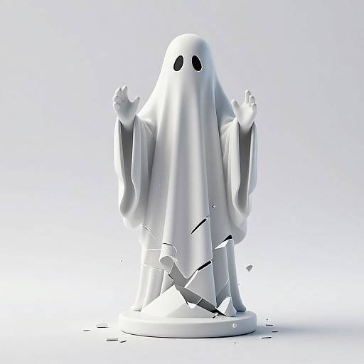CGI white ghost with black eyes, broken edges, and raised hands stands on a white platform against a white background.