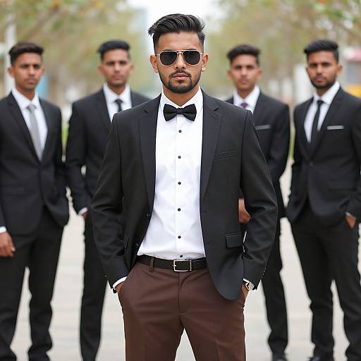 Photograph of a handsome, bearded man in a black tuxedo, bow tie, and sunglasses, with four other men in similar attire standing