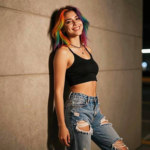 Photograph of a smiling young woman with rainbow hair, wearing a black crop top and ripped blue jeans, leaning against a concrete wall at night.