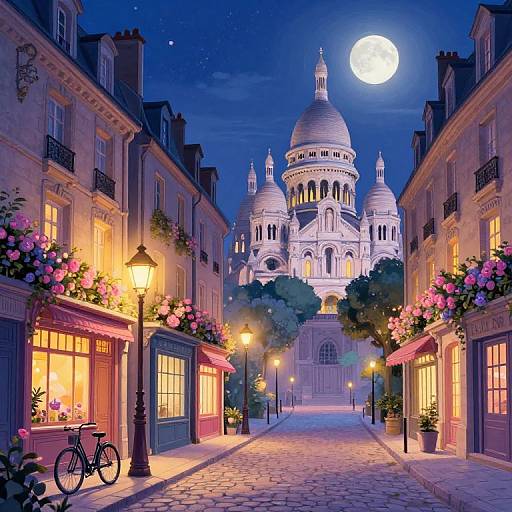Photograph of a moonlit European street with illuminated buildings, flower boxes, a bicycle, and a grand domed cathedral in the background.
