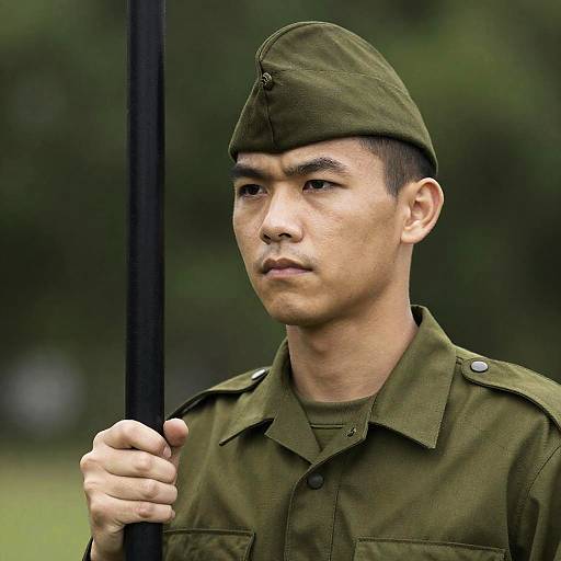 Serious Soldier in Olive Green Uniform