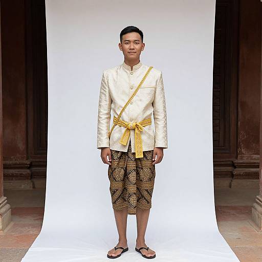Photograph of an Asian man in traditional white silk shirt, yellow sash, patterned black and gold pants, black sandals, standing against a white