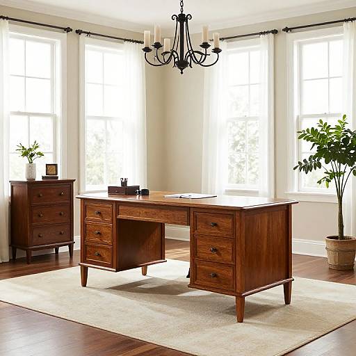 Photograph of a bright, modern office with a wooden desk, drawers, and chest of drawers, large windows, chandelier, potted plant,