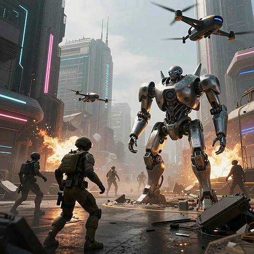 Futuristic Warzone with Robotic Soldiers