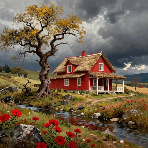 Photograph of a vibrant red wooden cottage with a thatched roof, surrounded by a winding stream, red flowers, and a twisted tree, under a