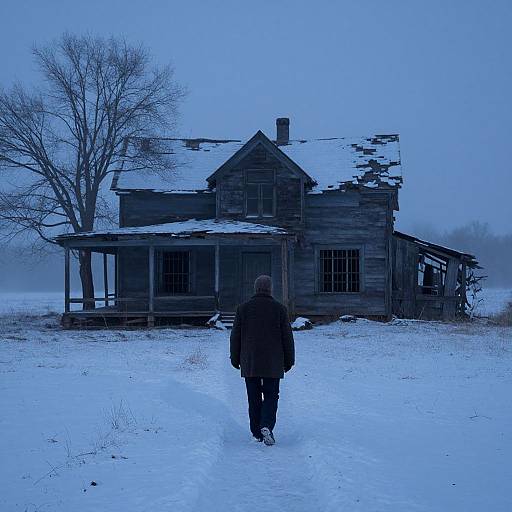 Photograph of a solitary figure in dark winter clothes walking towards a snow-covered, abandoned, wooden house with a broken roof under a blue, overcast
