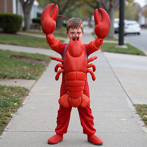 Photograph of a young boy in a bright red lobster costume with oversized claws, standing on a suburban sidewalk.
