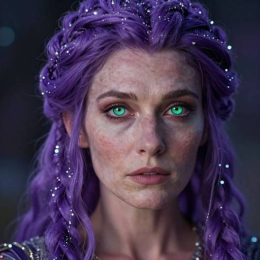 Digital portrait of a freckled woman with vibrant purple hair, glowing green eyes, and sparkling hair adornments, set against a dark, bokeh
