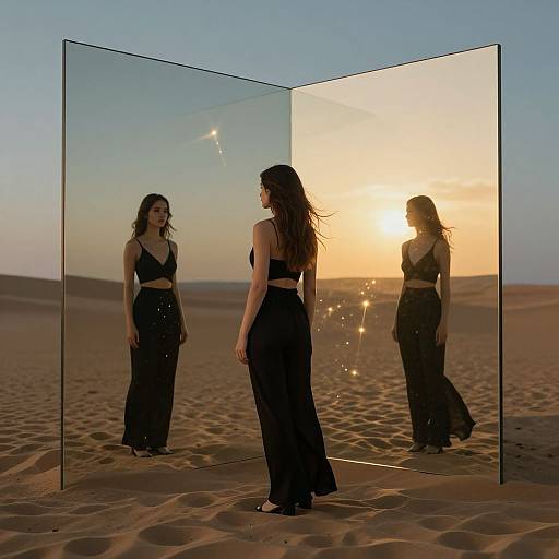 Photograph of a woman in a black dress standing in a desert, facing a large, reflective glass cube at sunset, with her reflection visible.