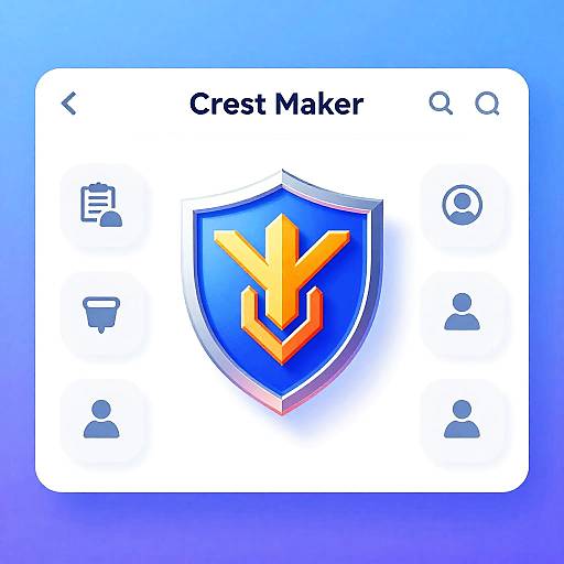 Digital screenshot of a Crest Maker app icon with a blue shield, orange downward arrow, user icons, and 