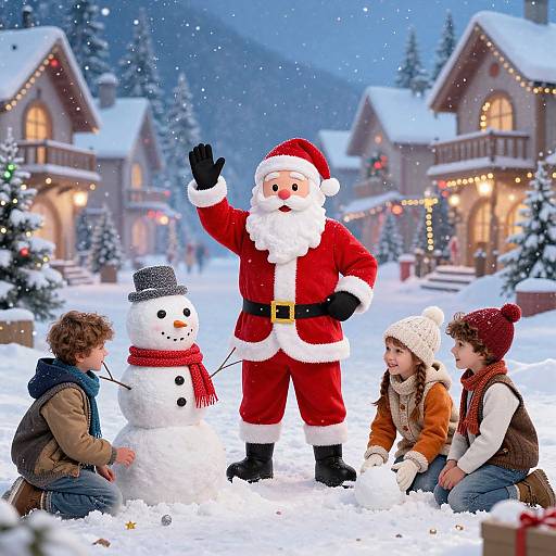Photograph of Santa Claus in red suit, black gloves, waving, standing beside a snowman with black top hat and red scarf, surrounded by three