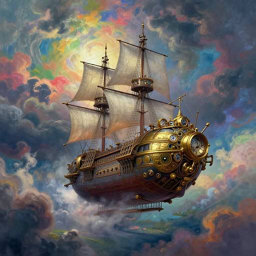 Digital painting of a steampunk, golden airship with large white sails, floating amidst vibrant, colorful clouds and a glowing sun.