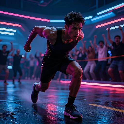 Photograph of a muscular Asian male runner in black tank top and shorts, sprinting in a neon-lit, rain-soaked arena with cheering crowd