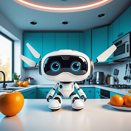 Cute Little Drone Helper in Futuristic Kitchen