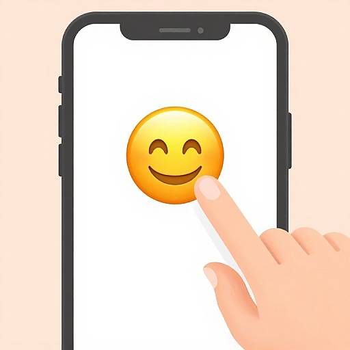 Digital illustration of a hand touching a smartphone screen displaying a yellow, smiling emoji with closed eyes against a white background.