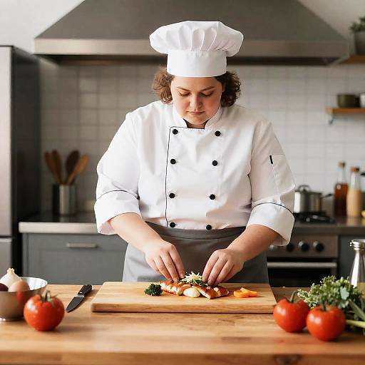 Plus Size Chef Cooking at Wooden Table
