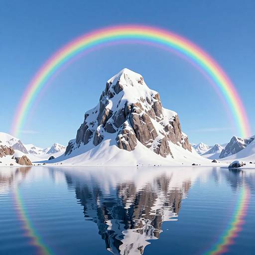 Serene Snowy Rock and Rainbow Reflection