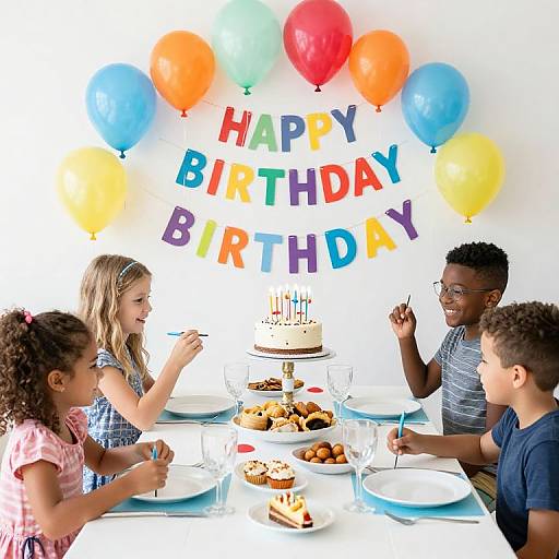 Photograph of four children celebrating birthday with colorful balloons, 