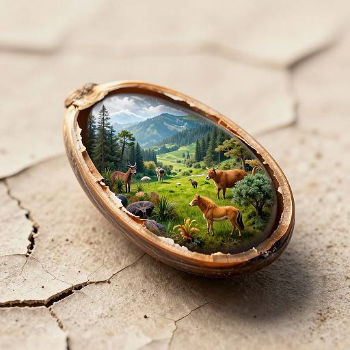 Photograph of a cracked, oval wooden frame containing a vibrant, detailed miniature landscape scene with deer, mountains, and greenery.