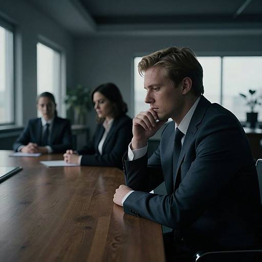 Photograph of three business professionals in suits, sitting at a wooden conference table in a dimly lit office, with the blonde man in the foreground deeply