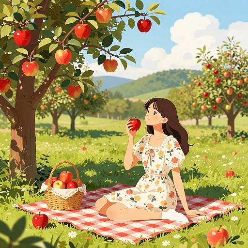 Woman Enjoying Picnic in Apple Orchard