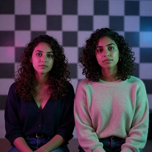 Portrait of Two Women in Neon-lit Room