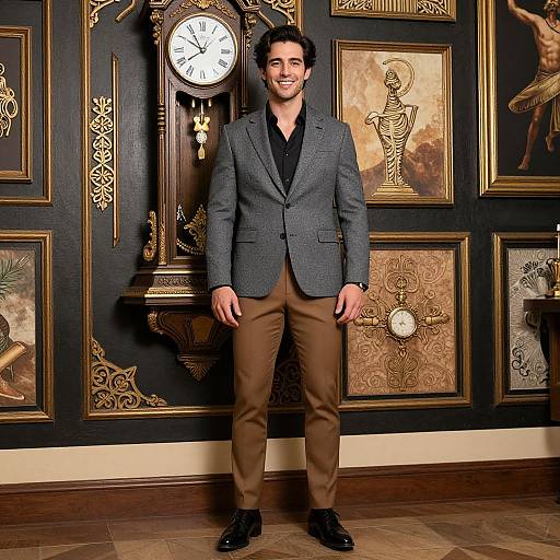 Photograph of a smiling man in a grey blazer, black shirt, and brown pants, standing in an ornately decorated room with vintage clocks and