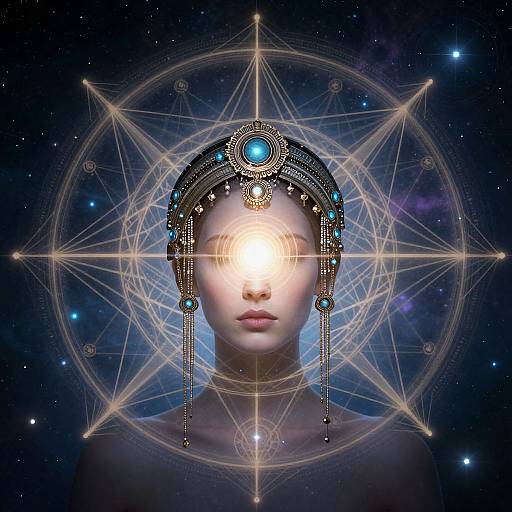 Digital artwork of a woman with glowing eyes, wearing an ornate, jeweled headpiece, centered in a geometric, celestial star pattern against a dark