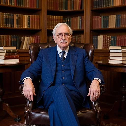 Photograph of an elderly white man with white hair, wearing a dark blue pinstripe suit, sitting in a leather chair in a library, surrounded