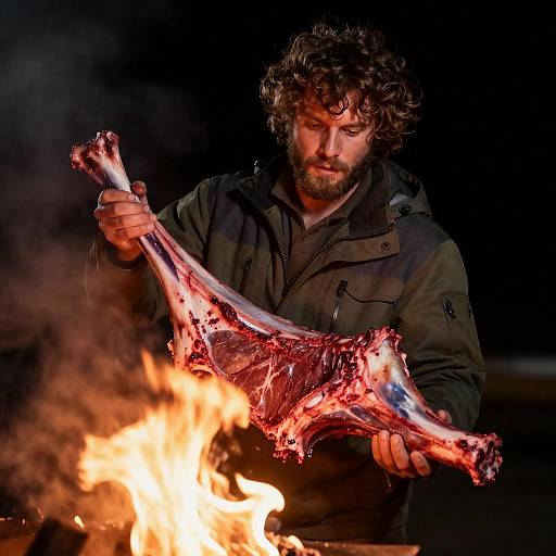 Intense Man Cooking Over Open Flame