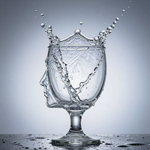 Photograph of a clear glass goblet splashing water, with droplets arching above, set against a gradient blue-white background.