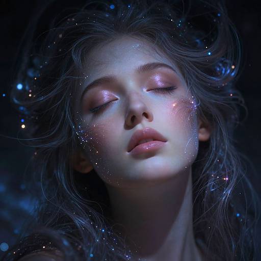 Digital artwork of a serene, fair-skinned woman with closed eyes, glowing blue and pink lights on her face, surrounded by sparkling stars in a dark