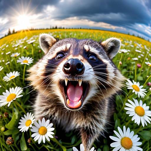 Playful Raccoon in a Daisy Field