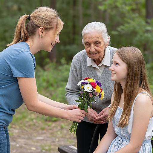 Photograph of a smiling elderly man, a woman, and a young girl outdoors, receiving a bouquet of colorful flowers in a forest.