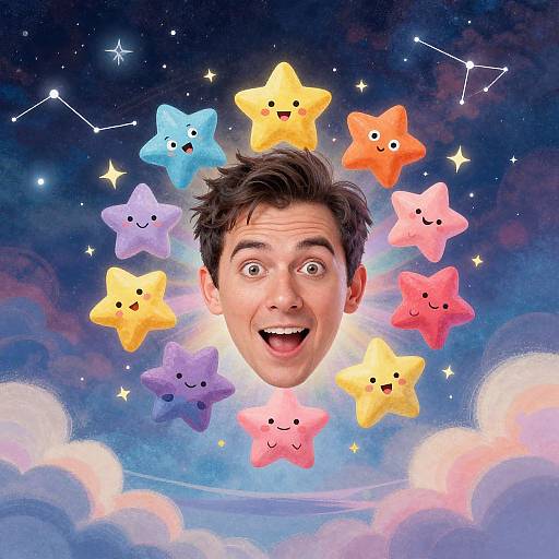 Photograph of a surprised man's face surrounded by colorful, smiling stars in a cosmic night sky with clouds and constellations.
