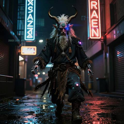 Digital art: Neon-lit alleyway at night, a demonic figure with white beard, horns, glowing blue eyes, and dark fur robe walks under
