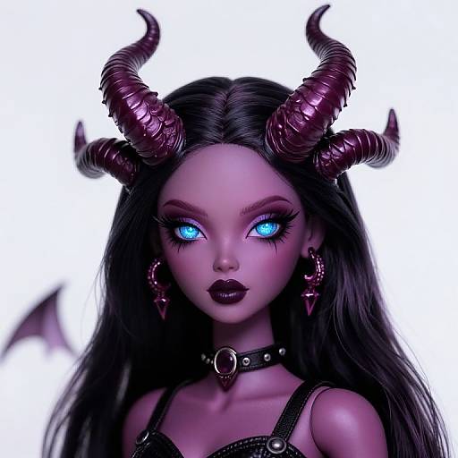 Digital art of a purple-skinned, blue-eyed demon girl with black hair, dark lipstick, large purple horns, and black leather choker and top