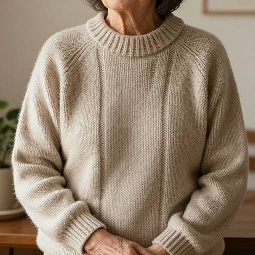Photograph of an elderly person with short gray hair, wearing a beige, knitted sweater, standing indoors with hands clasped. Background includes blurred p