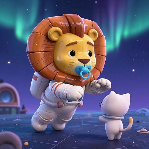 CGI image of a cartoon lion astronaut with a blue pacifier, reaching out to a small white cat in space, under green auroras.