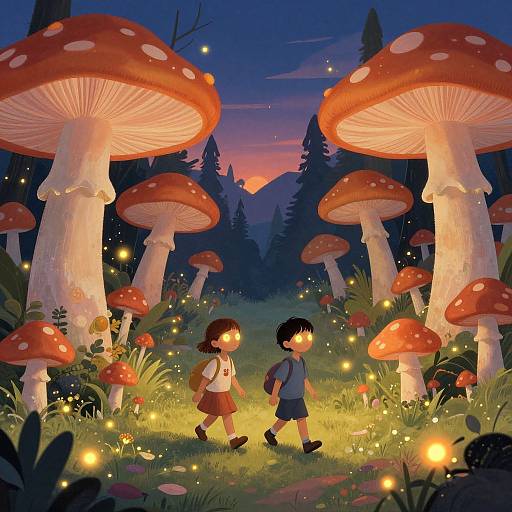 Digital artwork of two children with glowing mushroom hats walking through a magical forest of giant red mushrooms at twilight, surrounded by twinkling fireflies.